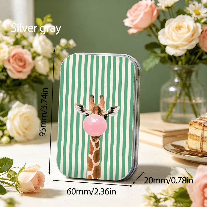 TEMU 2d Flat-printed Tinplate Box/storage Case Available In Black, White, And Silvery. Features A Creative Giraffe Blowing " Gum" Design With A