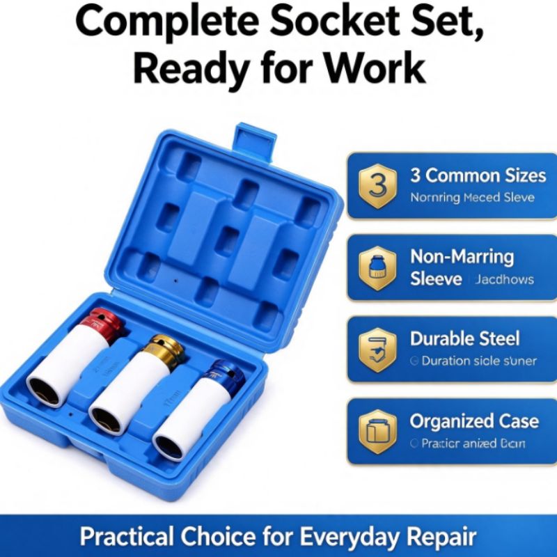 TEMU 17mm 19mm 21mm Wheel Nut Socket Set, Impact Socket With Protective Sleeve, 3pcs Tire Removal Socket With Storage Box, Auto Wheel Remover For Car