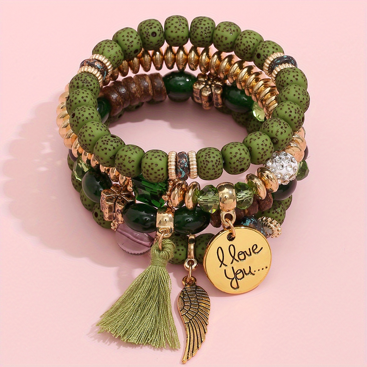 E-shop Set mit 4 Herren Bohemian Vintage Quasten Elastische Armbänder mit Flügeln und "I LOVE YOU" Anhänger, geeignet für den oder Urlaub, als Geschenk