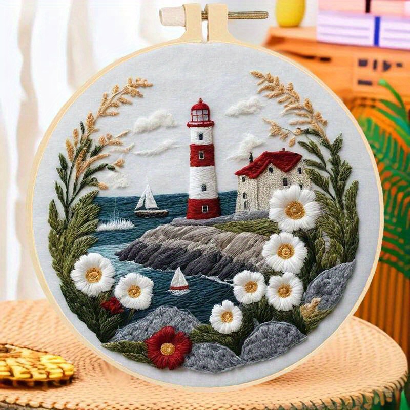 Image of Embroidery Set Lighthouse Landscape Daisy Flower Suitable For Adult Diy Hand Sewing Stitch Kit