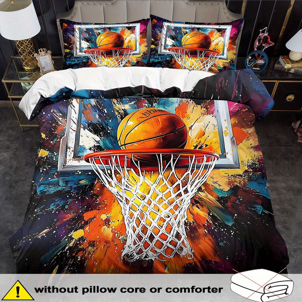 TEMU Basketball Themed Duvet Cover Set - 2/3pcs, Soft, Comfortable, And Breathable, Basketball Sports Pattern Printed Bedding, Sports Print Duvet