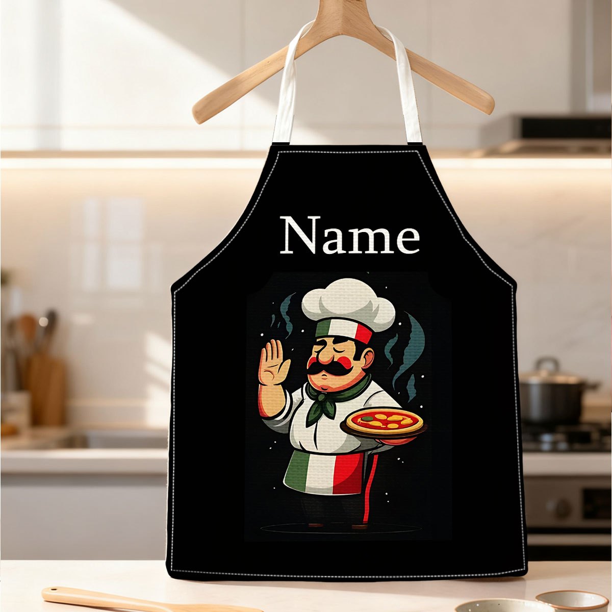 E-shop 1 Personalisierte Kochschürze mit selbstdefiniertem Namen/Text – Italienisches Pizza--Design, strapazierfähige Küchenschürze, geeignet für