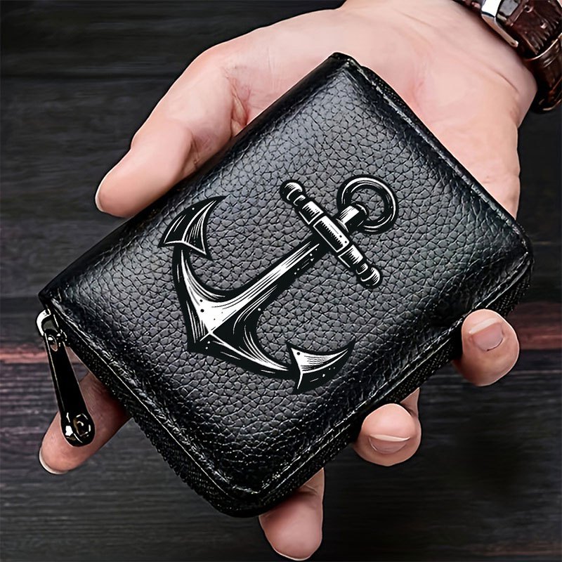 TEMU 1pc Vintage Anchor Print Lychee Patterned Card Bag, Zipper Short Card Holder, Portable Faux Leather Card Organizer Wallet For Men' Travel And