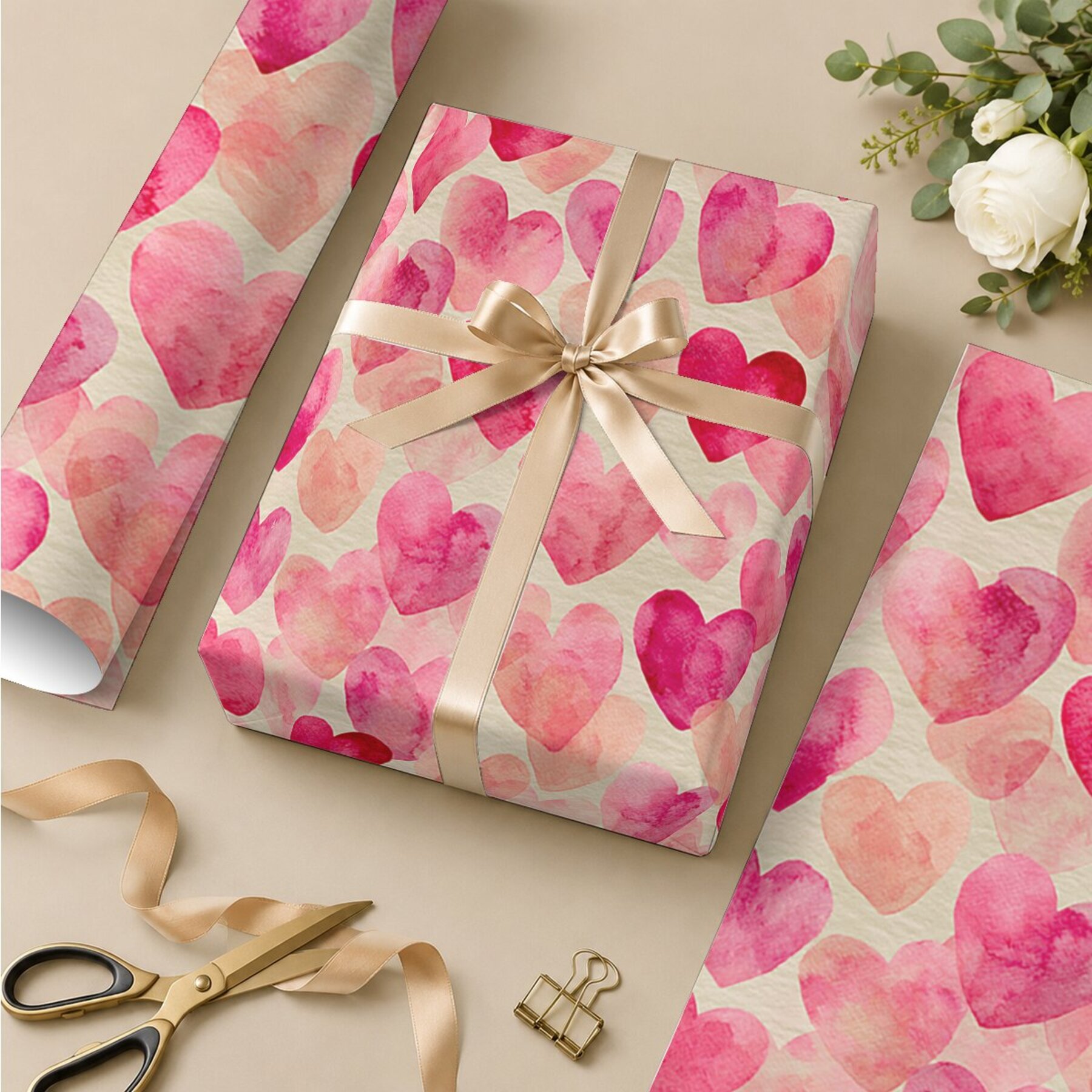 TEMU Rouleau de papier cadeau 19,69 po x 118,11 po à motif de cœurs aquarelle_1, emballage cadeau pour la Saint-Valentin, les anniversaires, les