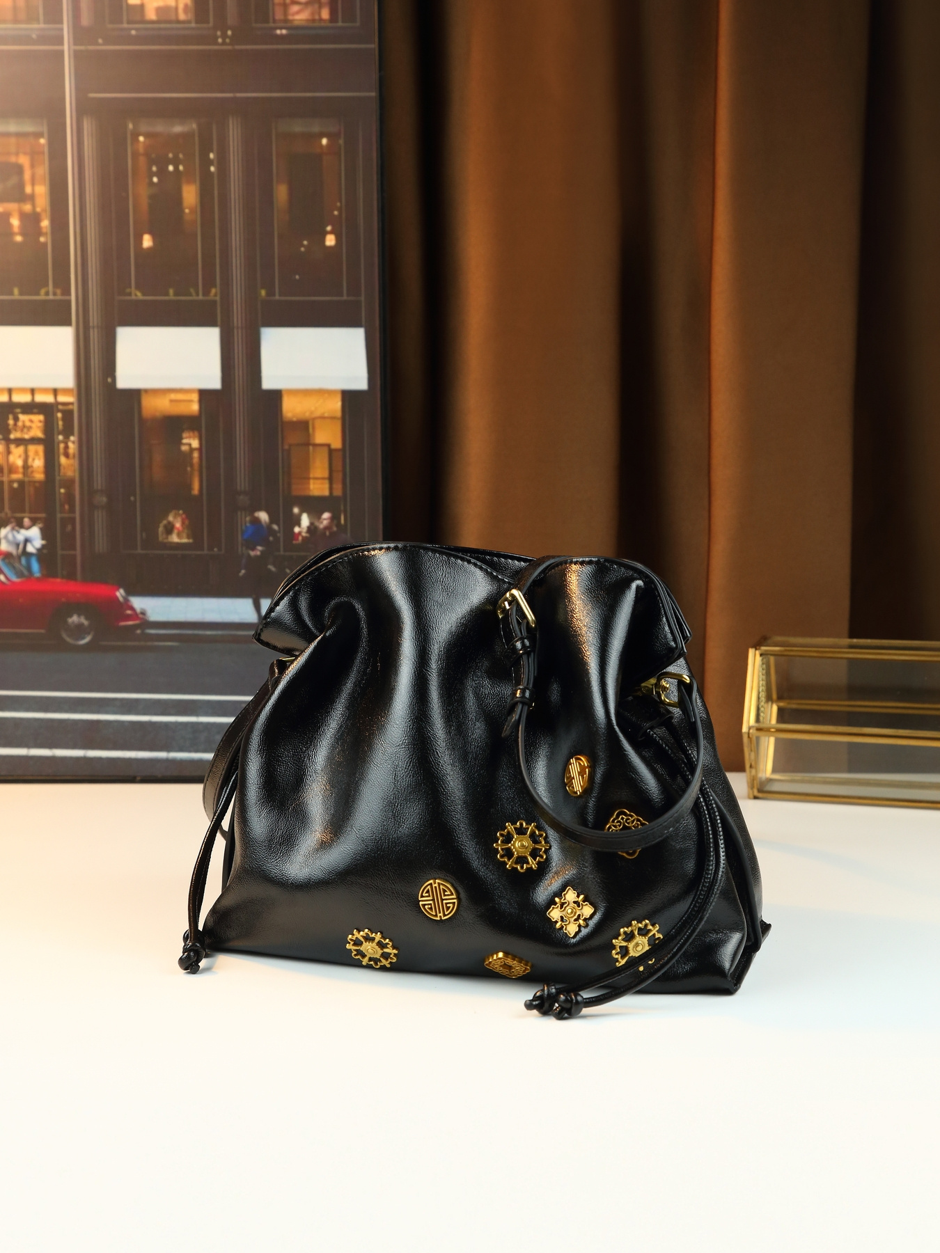 Black Drawstring Handbag side view profile