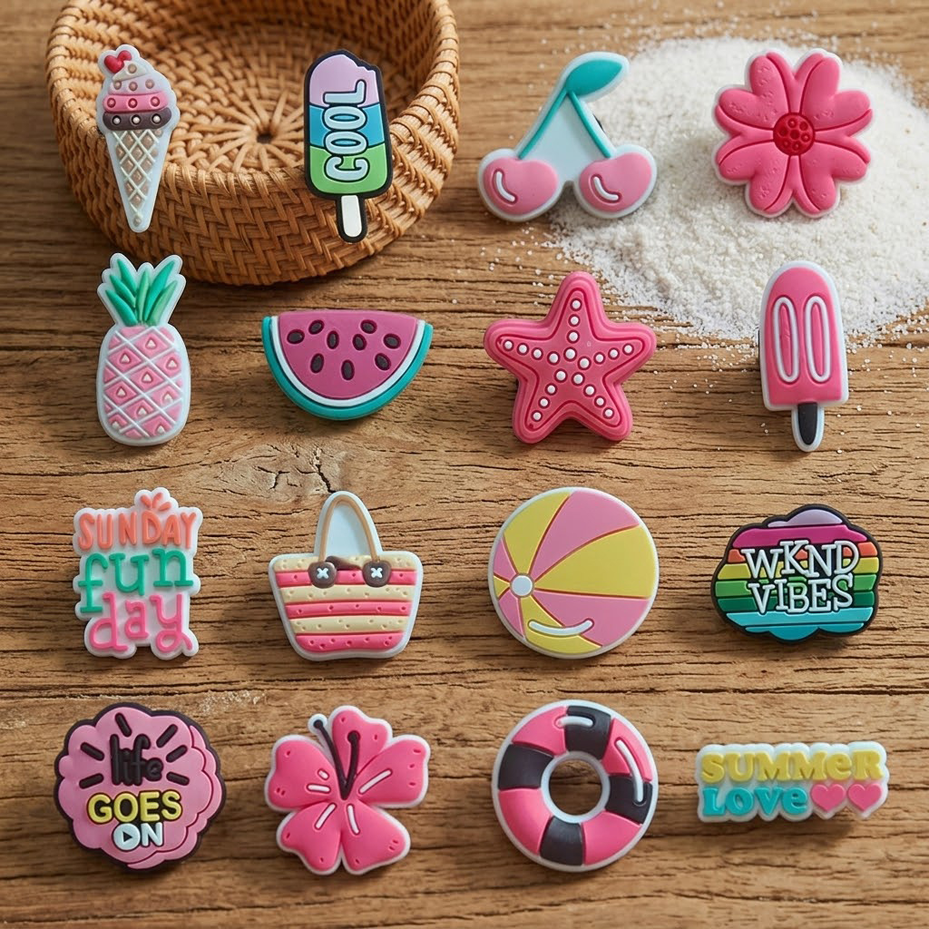 TEMU 16pcspcs [16pcs Set] Summer Pvc Shoe Charms Compatible For Clogs - Tropical Beach Dessert Charms With Fruit, Ice, & Donut Decorations, Vibrant