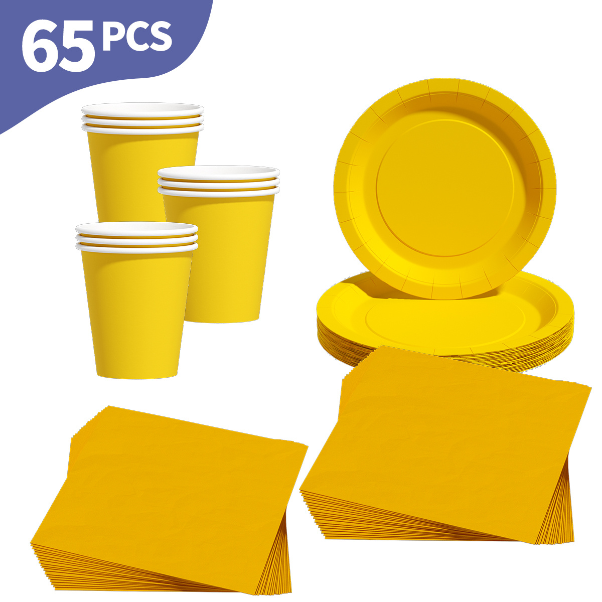 Image of 65pcs Disposable Plate, Cup, And Napkin Set, Yellow Plates, Paper Cups And Napkins For Parties, Disposable Paper Plates And Tableware For Birthdays, Weddings, Parties, Picnics I Perfect For Halloween