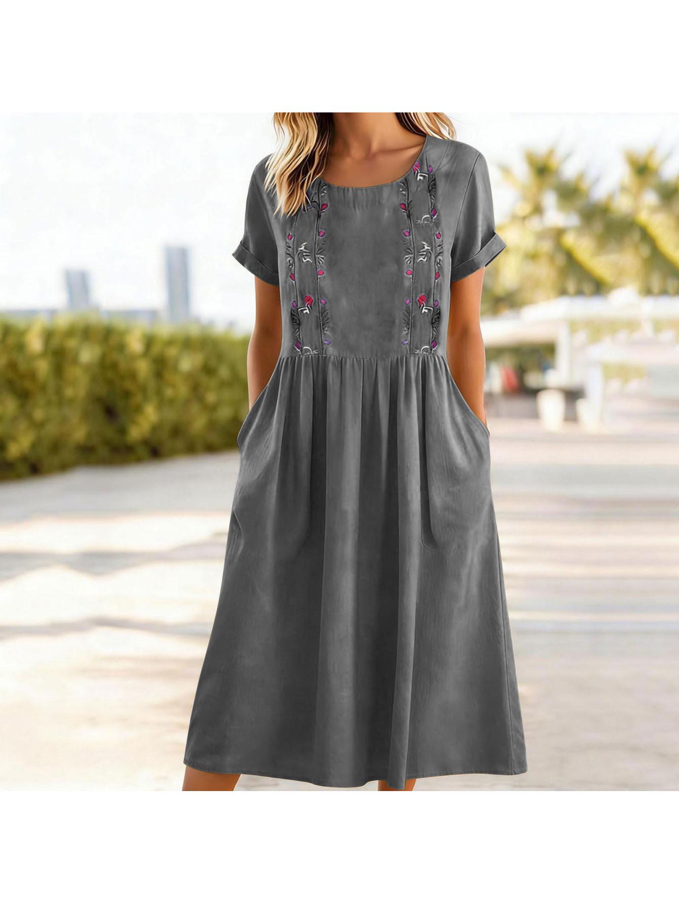 Women's Summer Dresses | Women's Embroidered Print Round-Neck Short-Sleeve  Long Dress with Pockets | Ethnic Bohemian-Style Long Dress | Black, Green,  Gray, Navy, Pink, Yellow