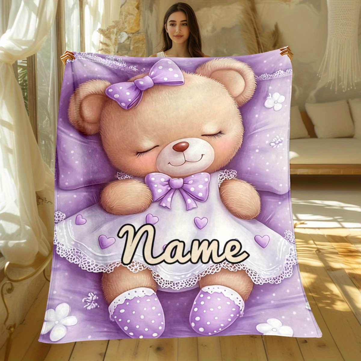TEMU Custom Name Teddy Bear With Purple Bow Blanket-lightweight Home Furnishings Bedding Blanket Suitable For Sofas Beds Travel Camping Living Rooms