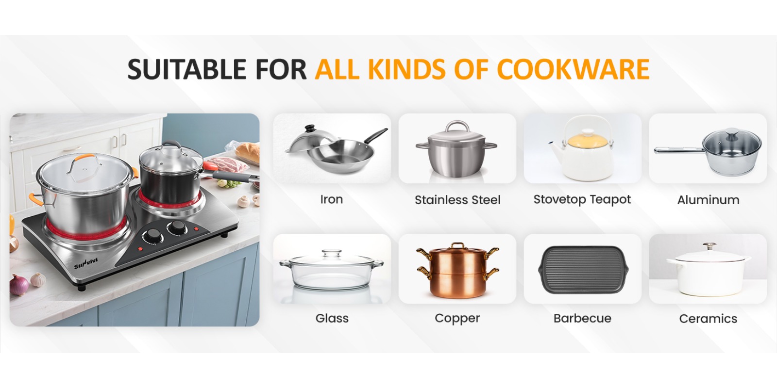1800W Dual Burner Portable Electric Ceramic Stove: Knob Control, Indicator Light, Compatible with All Cookware, Ideal for Multiple Cooking Scenarios, Silver Electric Cooktop, Portable Stove, Countertop Burners, Silver