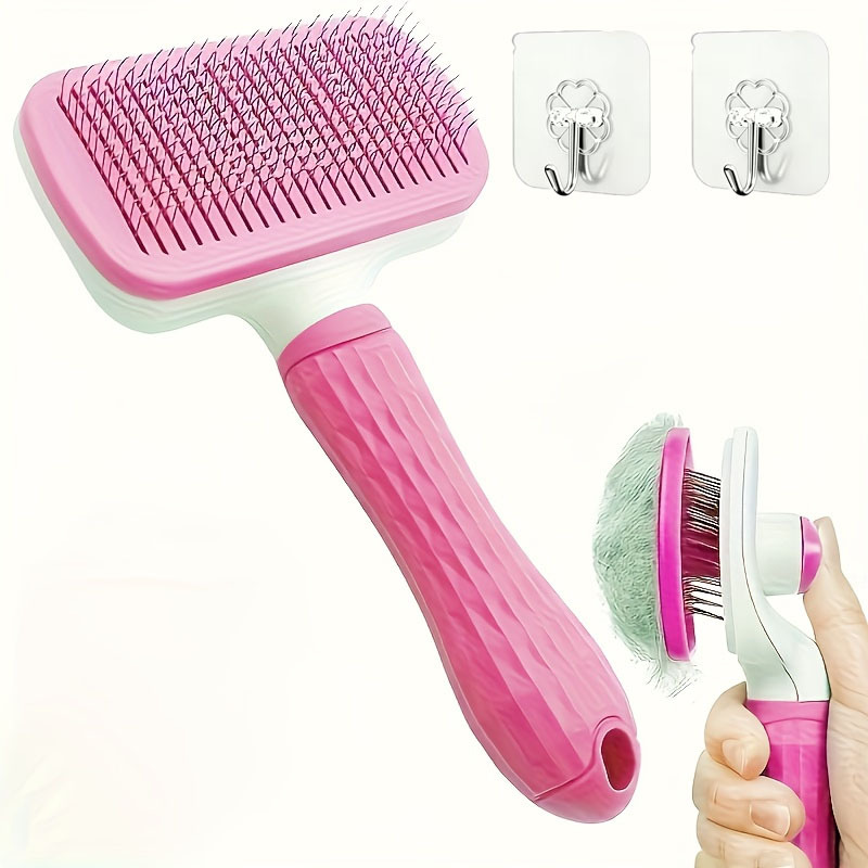 TEMU Ensemble de 3 pièces (1 peigne et 2 crochets) Brosse pour chien avec boutons de nettoyage faciles, peigne de massage pour animaux de compagnie
