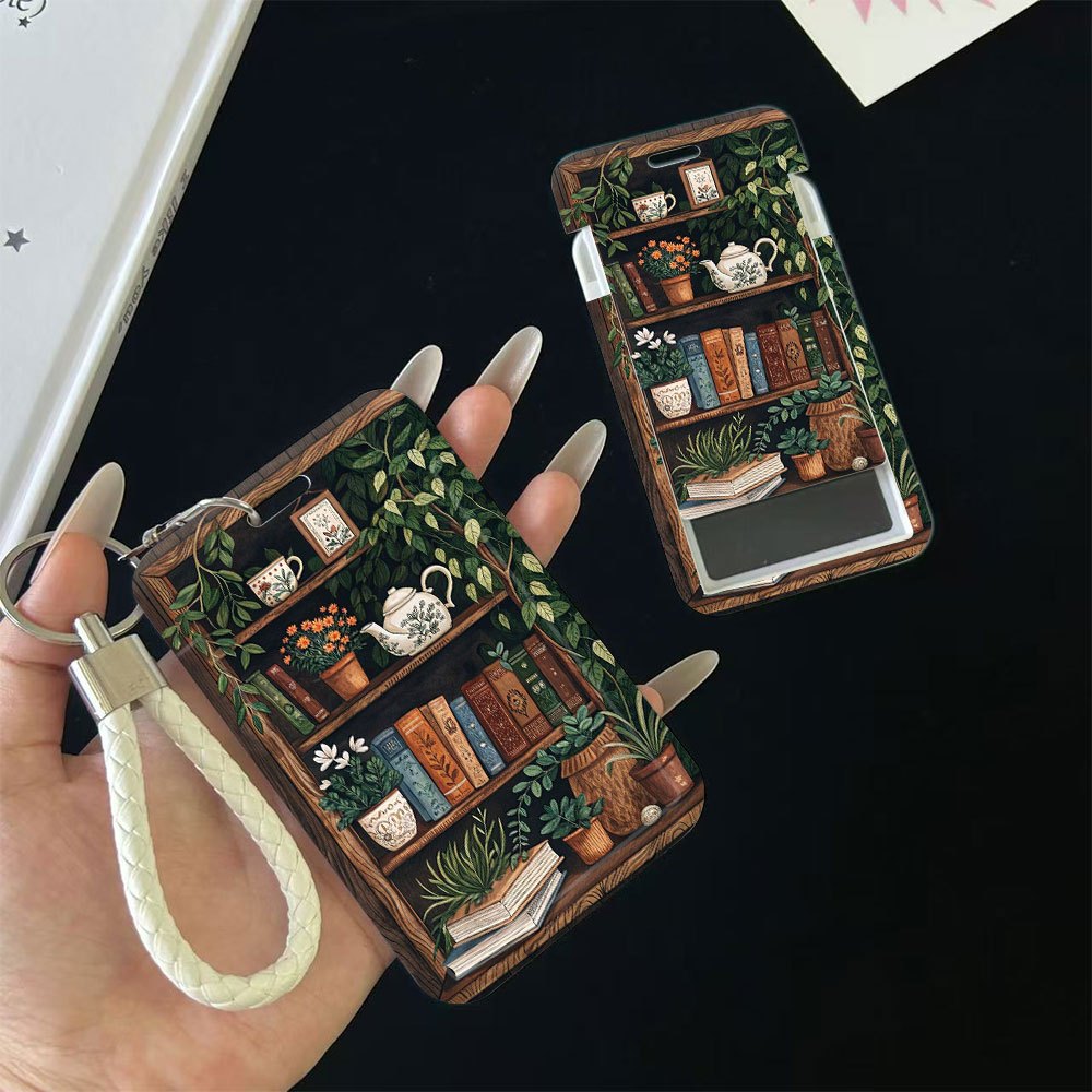 TEMU 2d Plant Pattern Book-style Durable Plastic Sliding Id Card Holder With Sturdy Lanyard, Suitable For Workplace, Campus, Meal Card, Student Id,