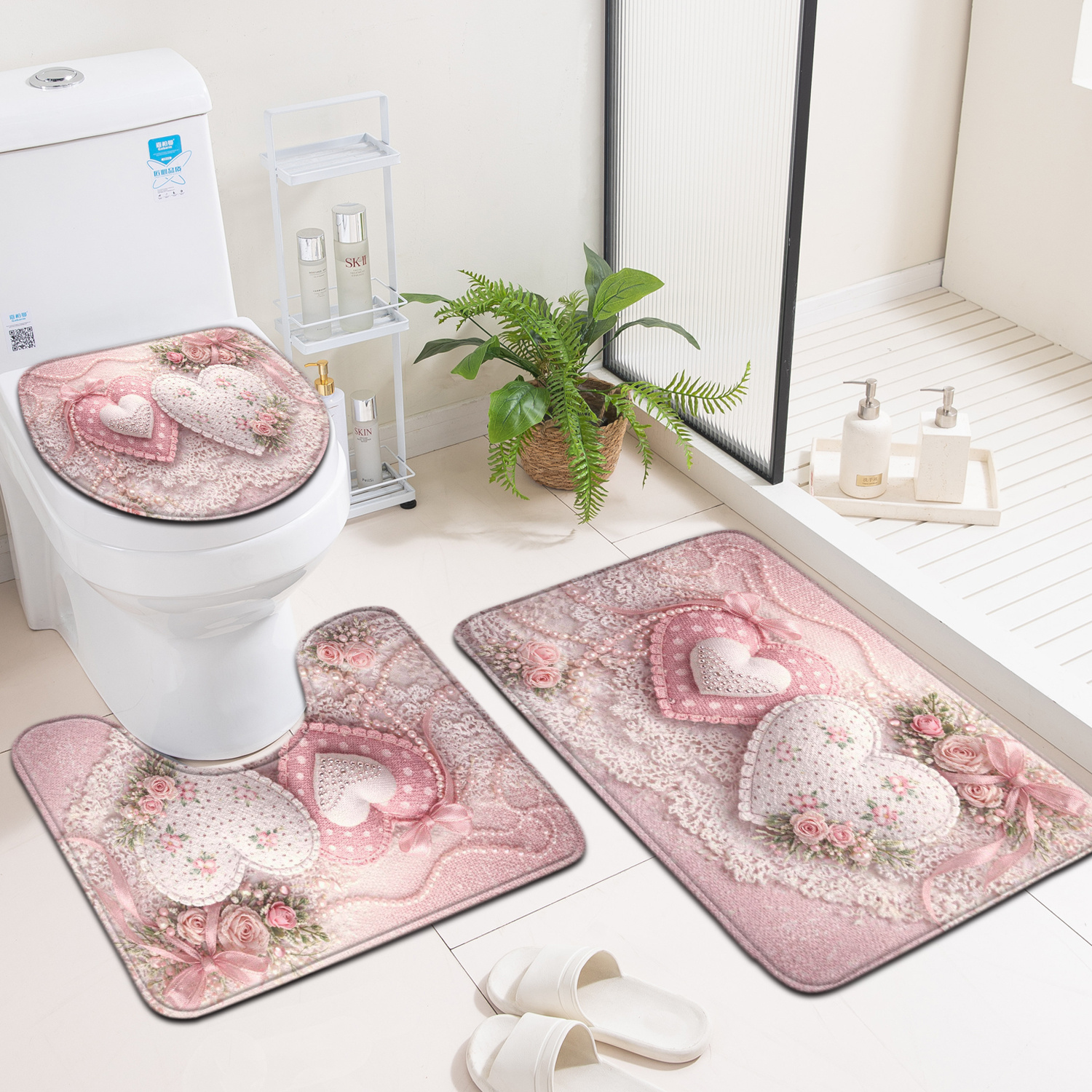 TEMU 1/3pcs Lace Trimmed Bathroom Rug Set Suitable For, Toilet Lid Cover & Toilet Accessories, Non-slip Absorbent Machine Washable With Soft Mat For