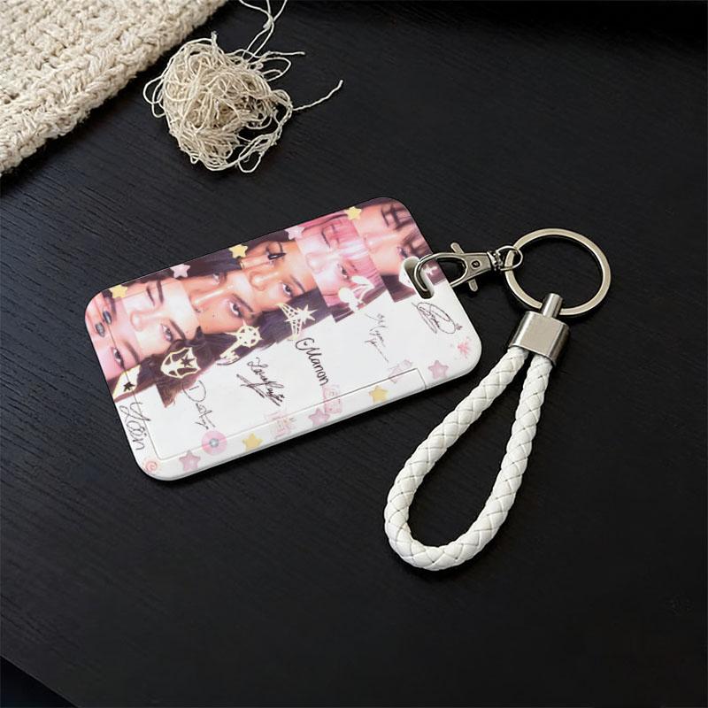 TEMU Porte-carte d'identité en plastique 1 pièce, motif portrait rose et blanc, avec cordon blanc et porte-clés à anneau métallique, convient pour le