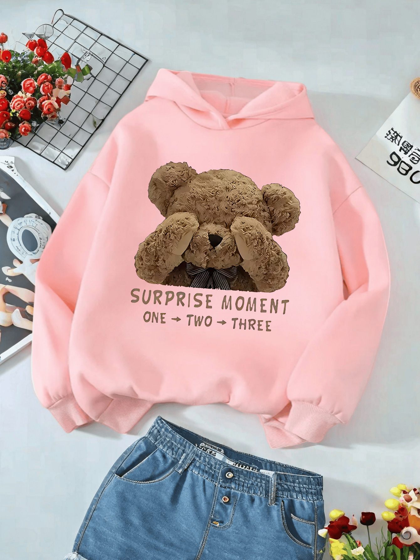 Cozy Red Hooded Sweatshirt with Cute Teddy Bear Print &*;Surprise  Moment&*; Design Casual Long Sleeve Hoodie for Fall/Winter, Hand Wash or 