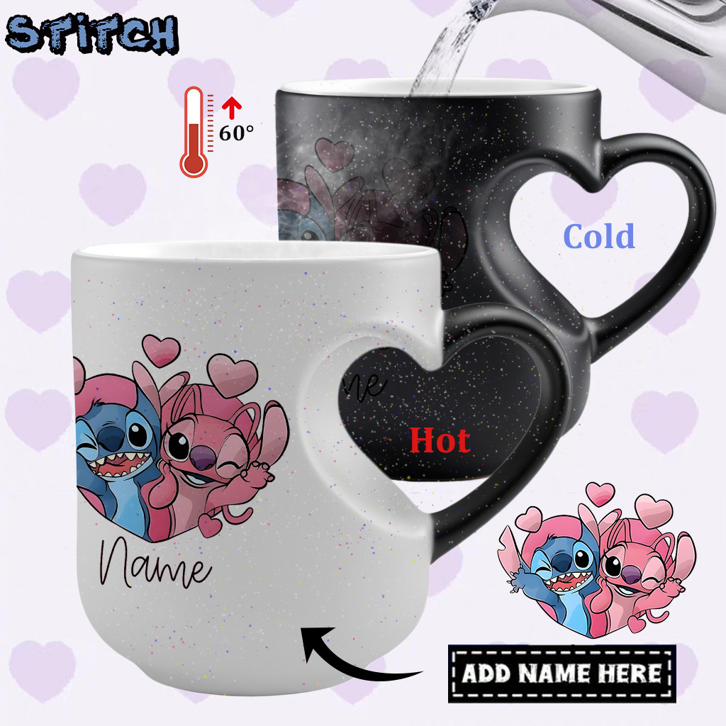 1pc Stitch & Hearts Customizable Name Color Changing Mug - 11oz Starry Sky Cup with Stitch & Hearts Design, Heart-Shaped Handle, Perfect for Birthdays, Christmas