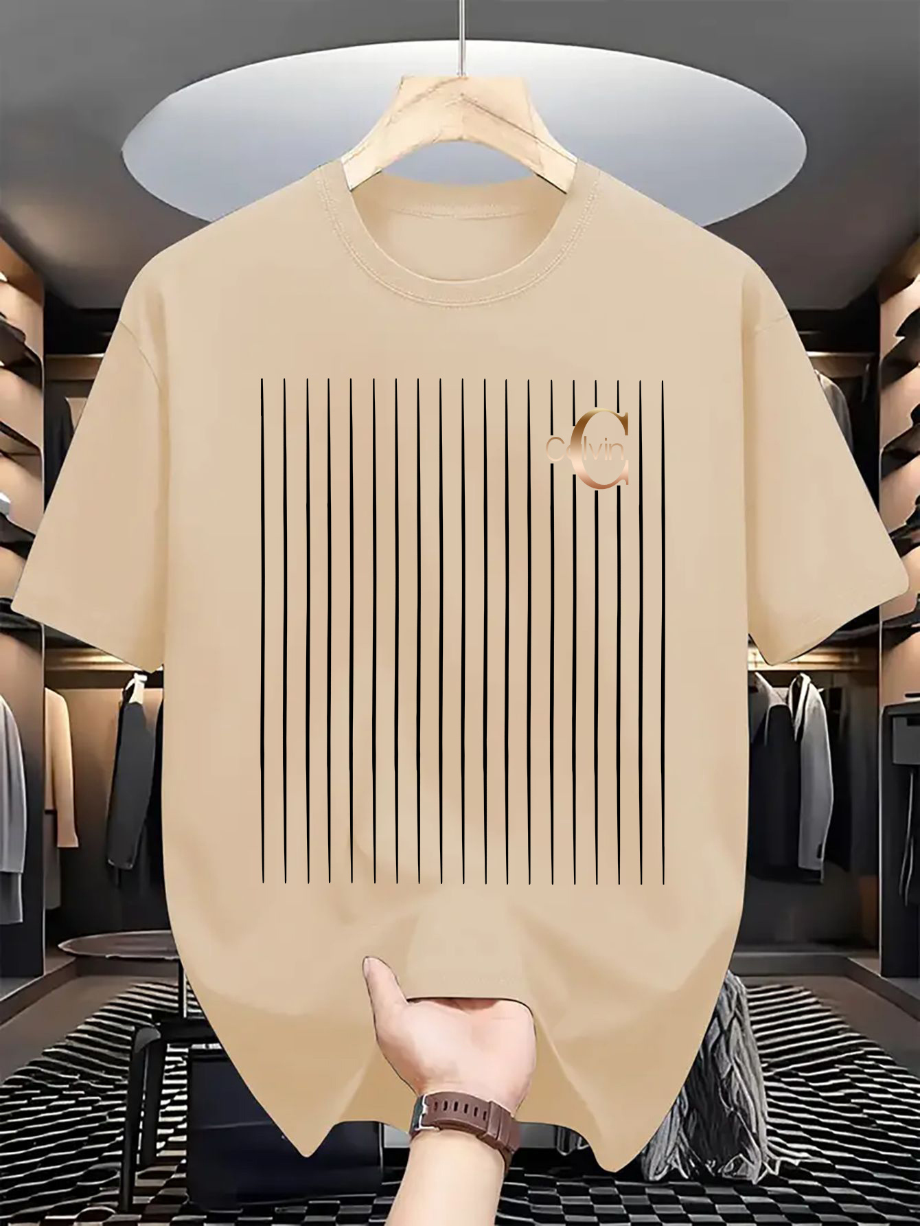 Men's casual and fashionable minimalist lines - C-Calvin printed T-shirt, round neck comfortable polyester fabric, suitable for daily wear as fashionable streetwear, Men's clothing