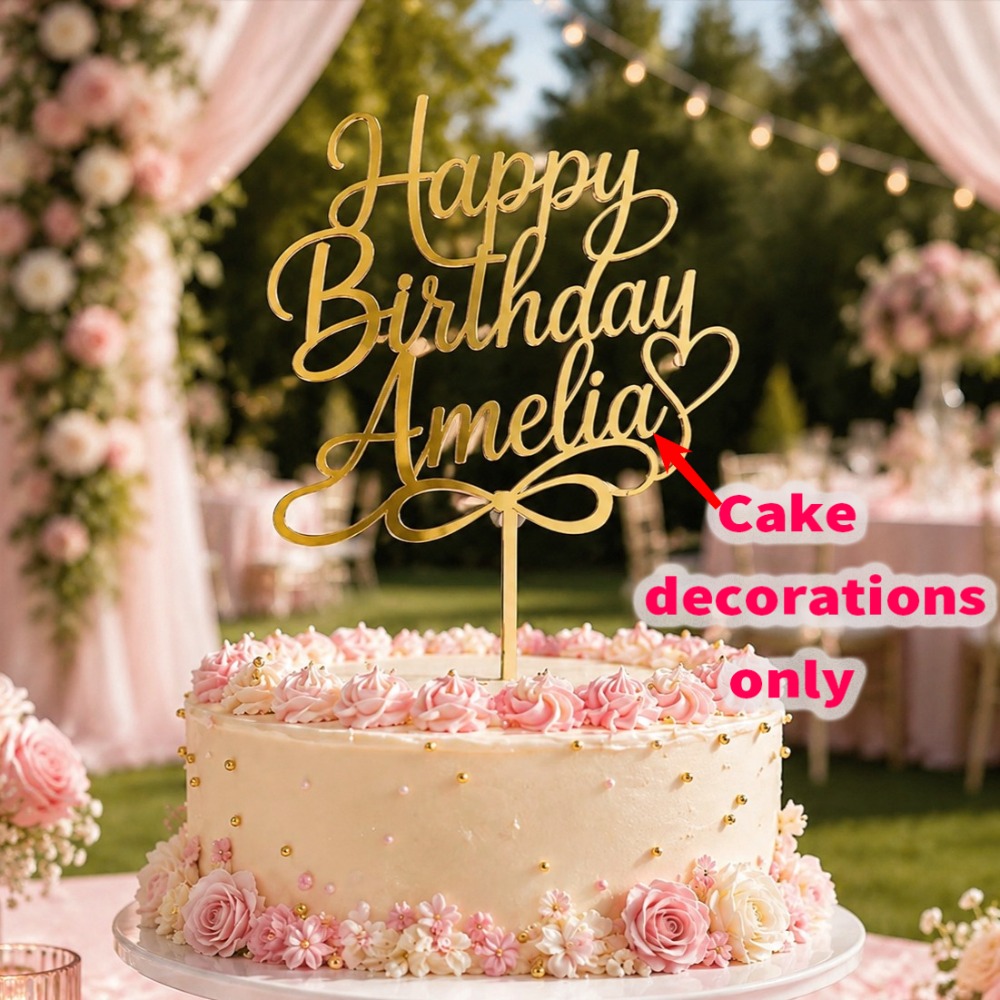 TEMU 1pc Personalized Custom Acrylic Cake Topper, Mirror Acrylic Cake Decoration, Multiple Color Options, Best Birthday Gift, Suitable For Weddings,