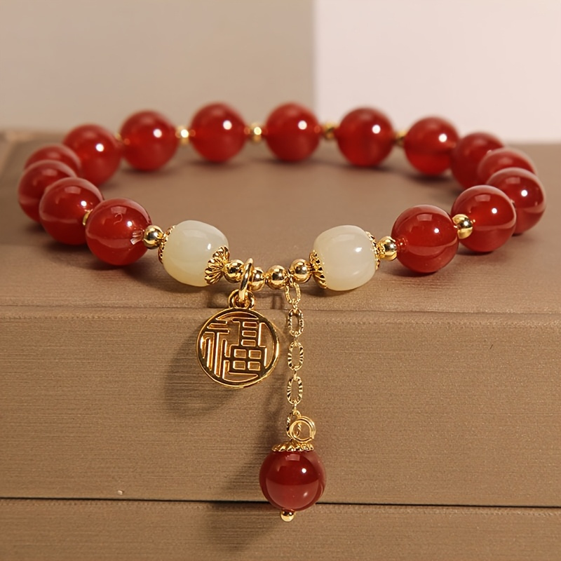TEMU Elegant Red Agate String Bracelet With Golden Decoration - Traditional Style, Smooth Polished Beads, Casual Wear Or Special Occasion