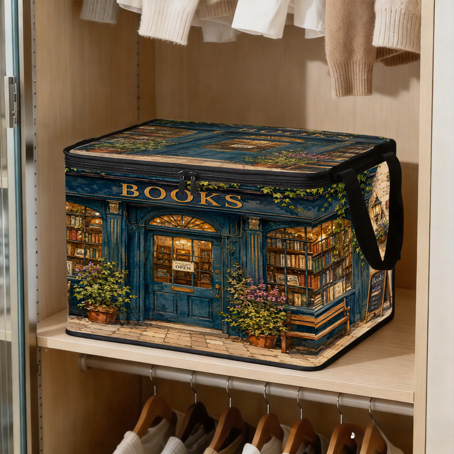 TEMU 1pc Extra Large Foldable Zippered Storage Box, Vintage Green Plant Bookstore Architectural Scene Print, Suitable For Storing Clothes, Pants, And