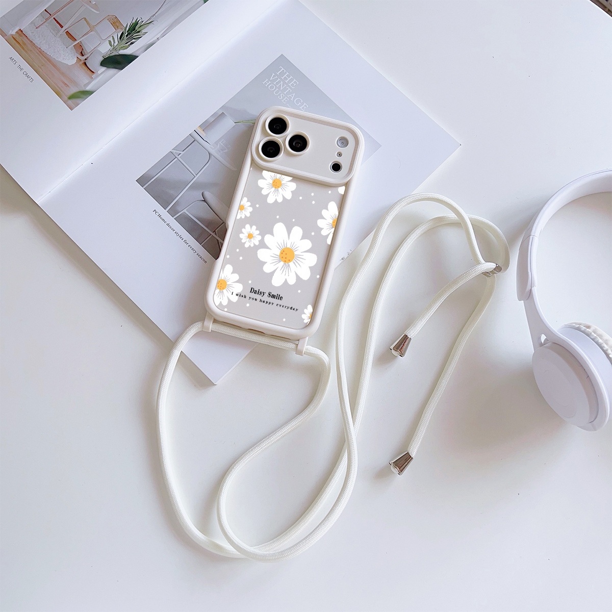 TEMU Phone Case: Convenient Lanyard Phone Case With Multi-functional Adjustable Strap And Crossbody Shoulder Strap, Beige Daisy, Easy And Convenient