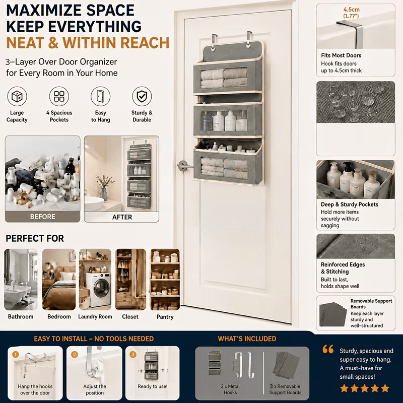TEMU 3/4/5-grid Storage Pockets, Composite Thickened Fabric, Hanging Storage Box, Suitable For Doors, Walls, Bedrooms, Bathrooms, Food Storage, Space