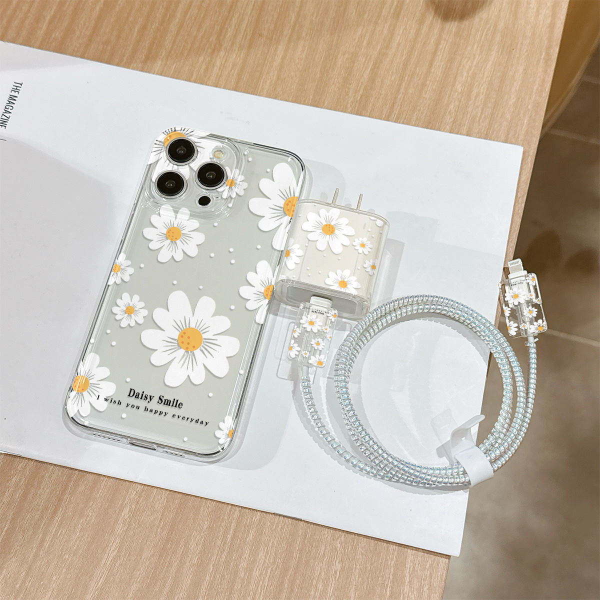 TEMU Phone Case - A 6pcs Set Including A Transparent Daisy Phone , Charger Head Cover, Cable Protector, Storage Strap, And Protection Strap, Made Of