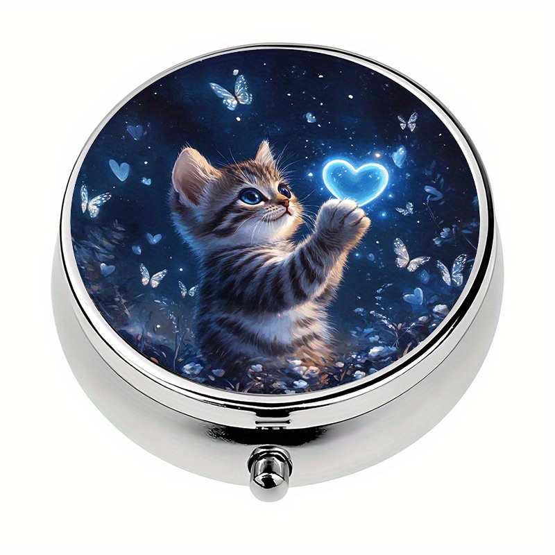 TEMU 1pc Pill Box With 3 Compartments Cute Kitten And Heart Theme Mini Pill Container, Pill Organizer, Portable Pill Box For Pocket Or Purse
