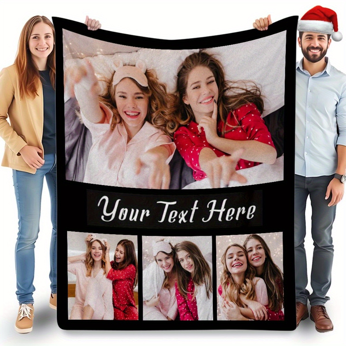 

Personalized Photo Blanket For Couples & Family, Custom Text Flannel Throw, 4 Photo Slots, Soft Knit Polyester, , , 250-300gsm - Ideal For Birthday, Anniversary, Valentine's Day