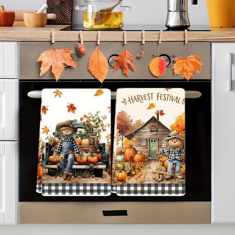 TEMU 2pcs Torchons de cuisine en polyester sur le thème de la récolte d'automne, serpillière décorative imprimée avec motif de de poux, citrouille,