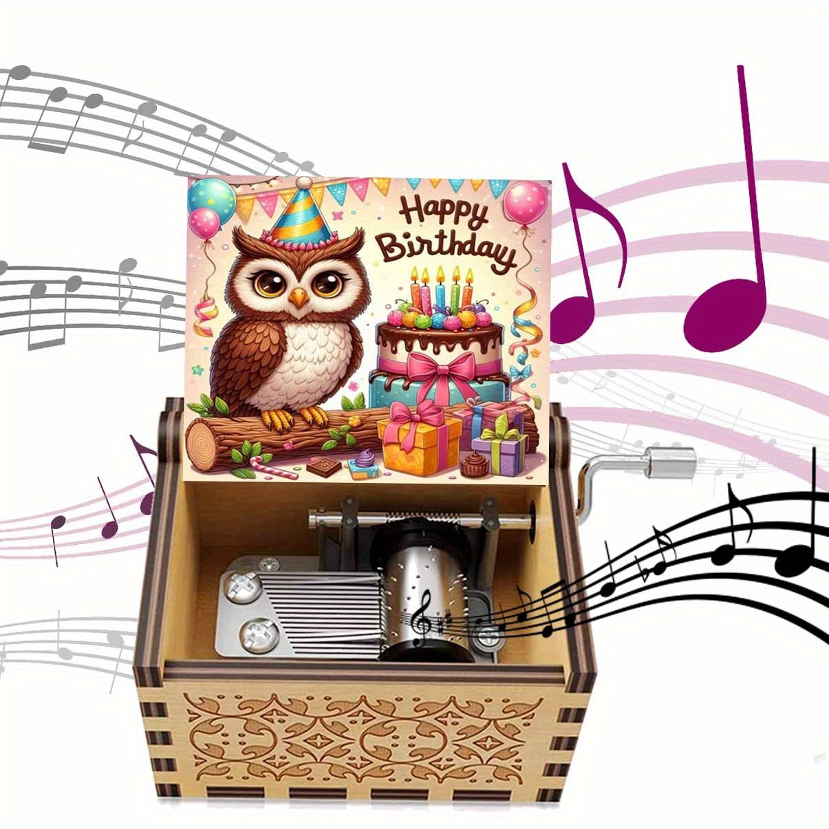 TEMU 1pc Vintage Wooden Hand-crank Music Box - Happy Birthday Owl With Cake & Balloons Design, Decor Gift For Birthdays, Anniversaries, Weddings,