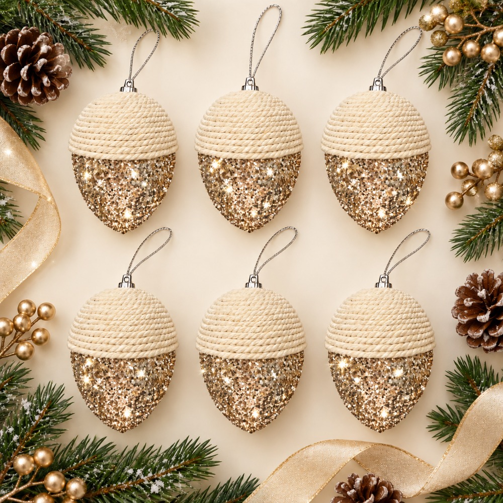 TEMU 6pcs Christmas Ball Ornaments, Glitter Tree Hanging Ornaments, Rope Wrapped Holiday Decorations, Sparkling Christmas Tree Decor For Home Xmas
