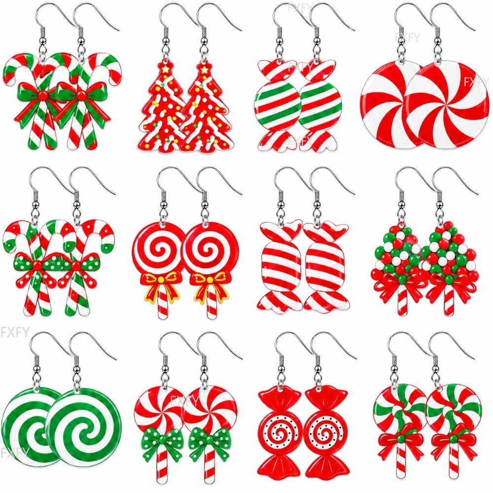 TEMU Ensemble de boucles d'oreilles en acrylique style bonbon de Noël, 24 pièces/12 pièce, cadeau de bijoux de fête, pour amis, sœurs, idéal pour