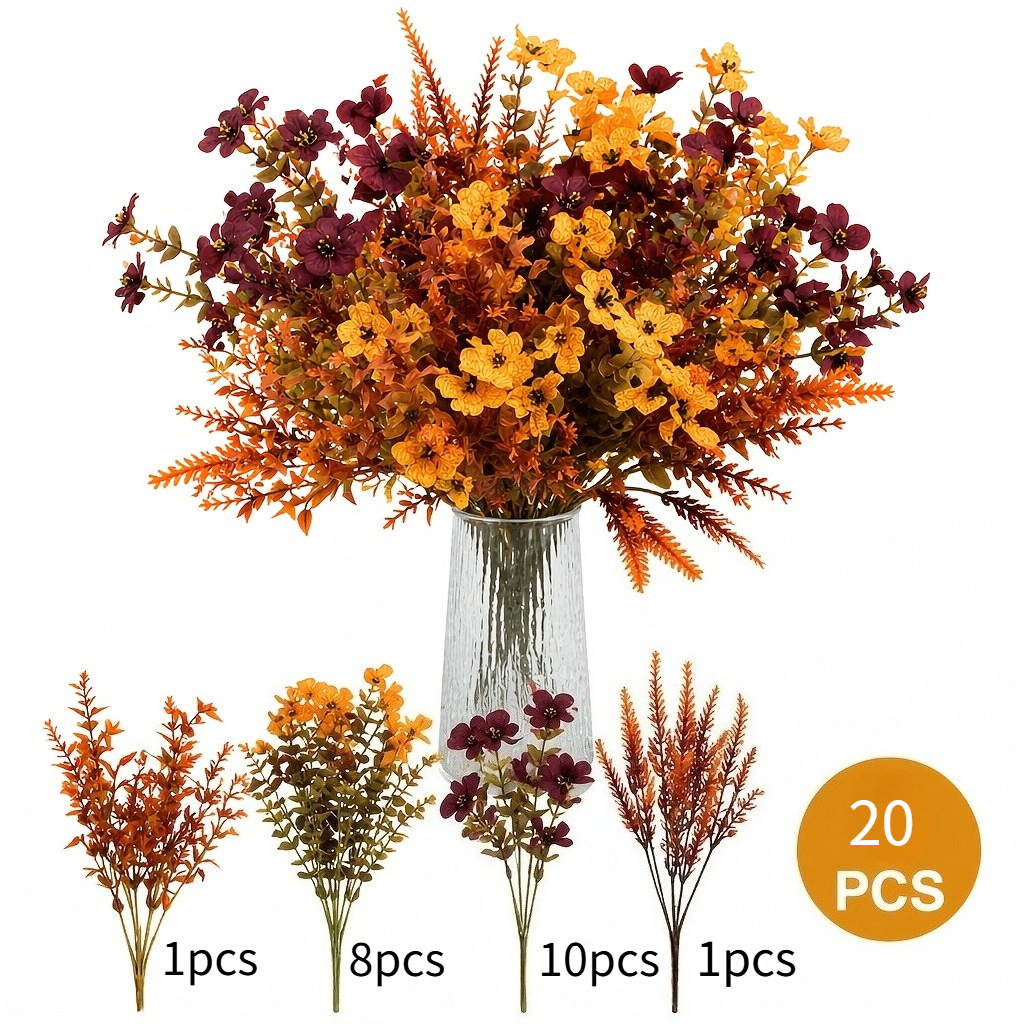 20pcs Set Of Autumn Artificial Flowers, Including Eucalyptus, Thanksgiving Floral Decorations, Christmas Decor, Halloween Decor