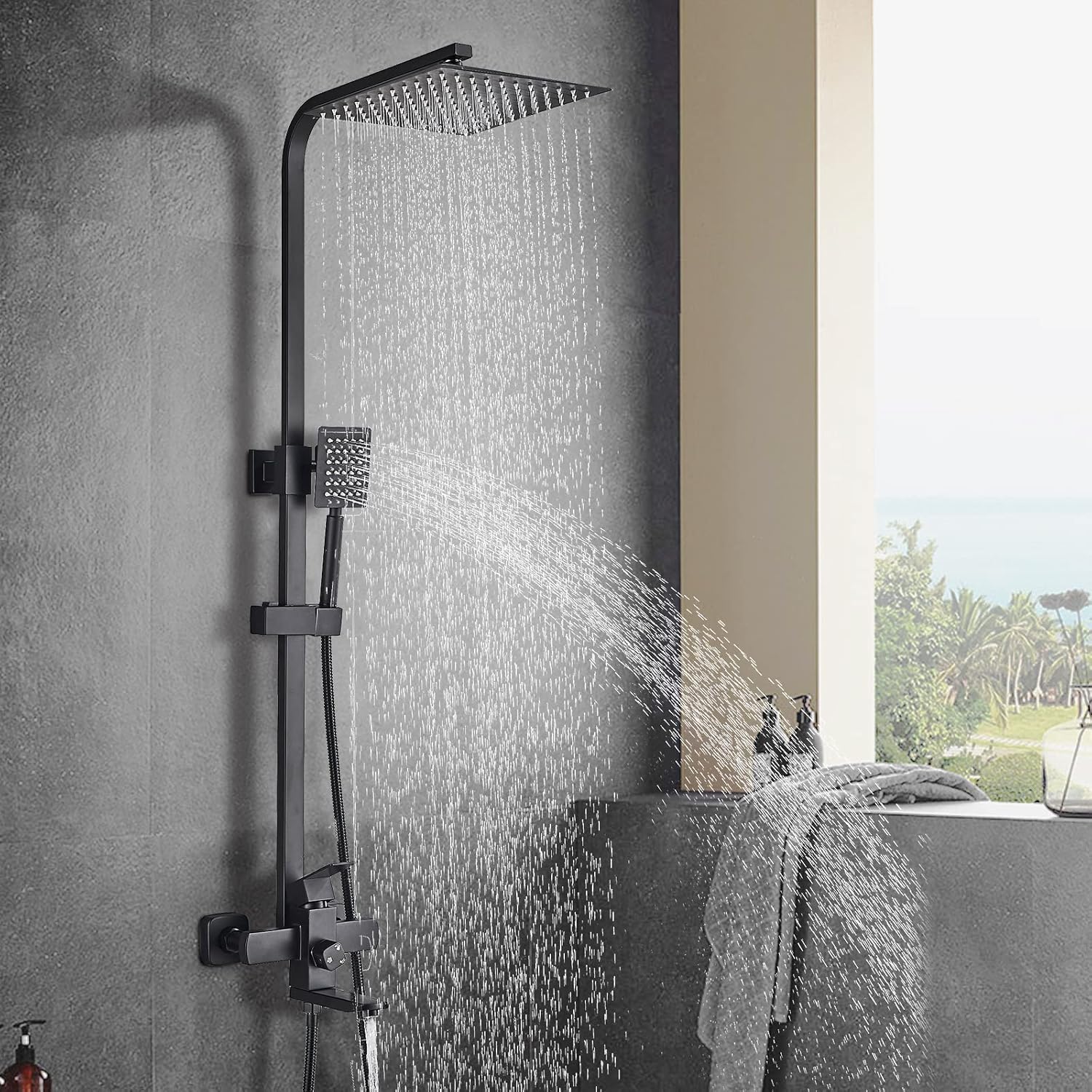 Image of Shower Column Black Stainless Steel System Shower Shelf Shower Set Solid Wall Shower Kit Adjustable Height 75-110cm With Shower Head