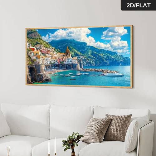 Artikelbild 1 stück großes mediterranes küsten-italien rahmenlose leinwand wandkunst - 27,56x55,12 (70x140cm) landschaftsgemälde, türkisblau meer & bunte klippen druck für wohnzimmer, schlafzimmer, italienisches poster dekor, 2d flach, wanddekoration,leinwandkunst gerahmt und bereit zum aufhängen gebäude extra groß,wandkunst gerahmt, bereit zum aufhängen,vintage wandkunst
