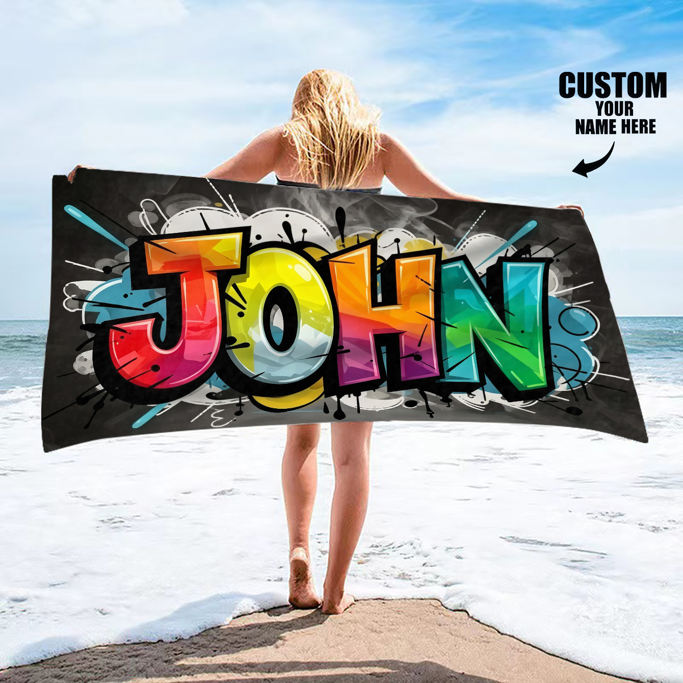 TEMU 1pc Customizable Name Colorful Street Graffiti Style Beach Towel, Extra Large Size, Soft And Comfortable, Trendy Gradient Artistic Super