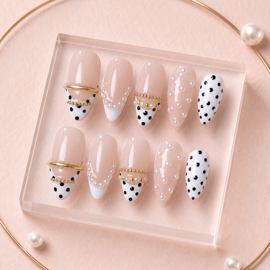 TEMU 10pcs Set Of Handmade Medium Almond-shaped Press-on Nails, Featuring A Nude Pink And White Tip Design With Black Polka Dots, 3d, And Golden Bead