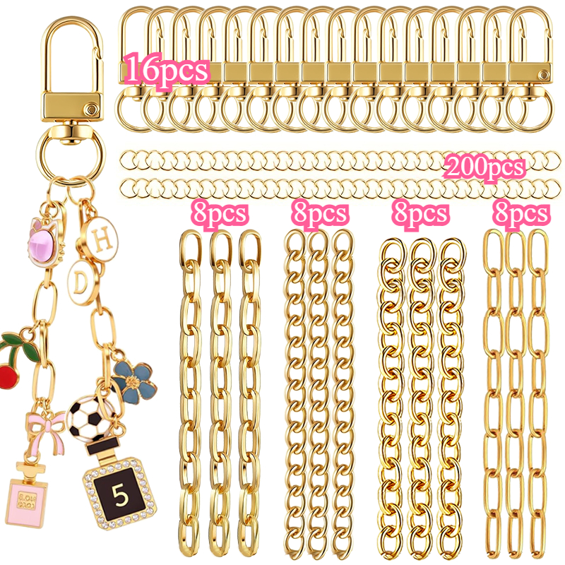 TEMU Kit de fabrication de porte-clés brillant à lèvres à double rangée de 248 pièces, comprenant 16 crochets porte-clés dorés/argentés, 32 chaînes