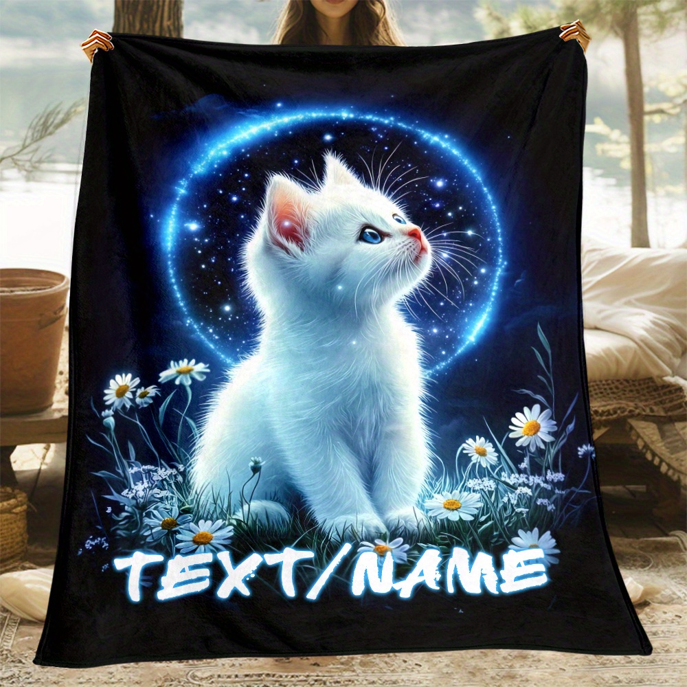 Image of Personalized Adorable Small White Cat Blanket - Lightweight Flannel Throw For Sofa, Outdoor Use, Camping, Living Room, Office, Chair, Soft And Cozy Flannel Blanket For Warm Winter, 280gsm