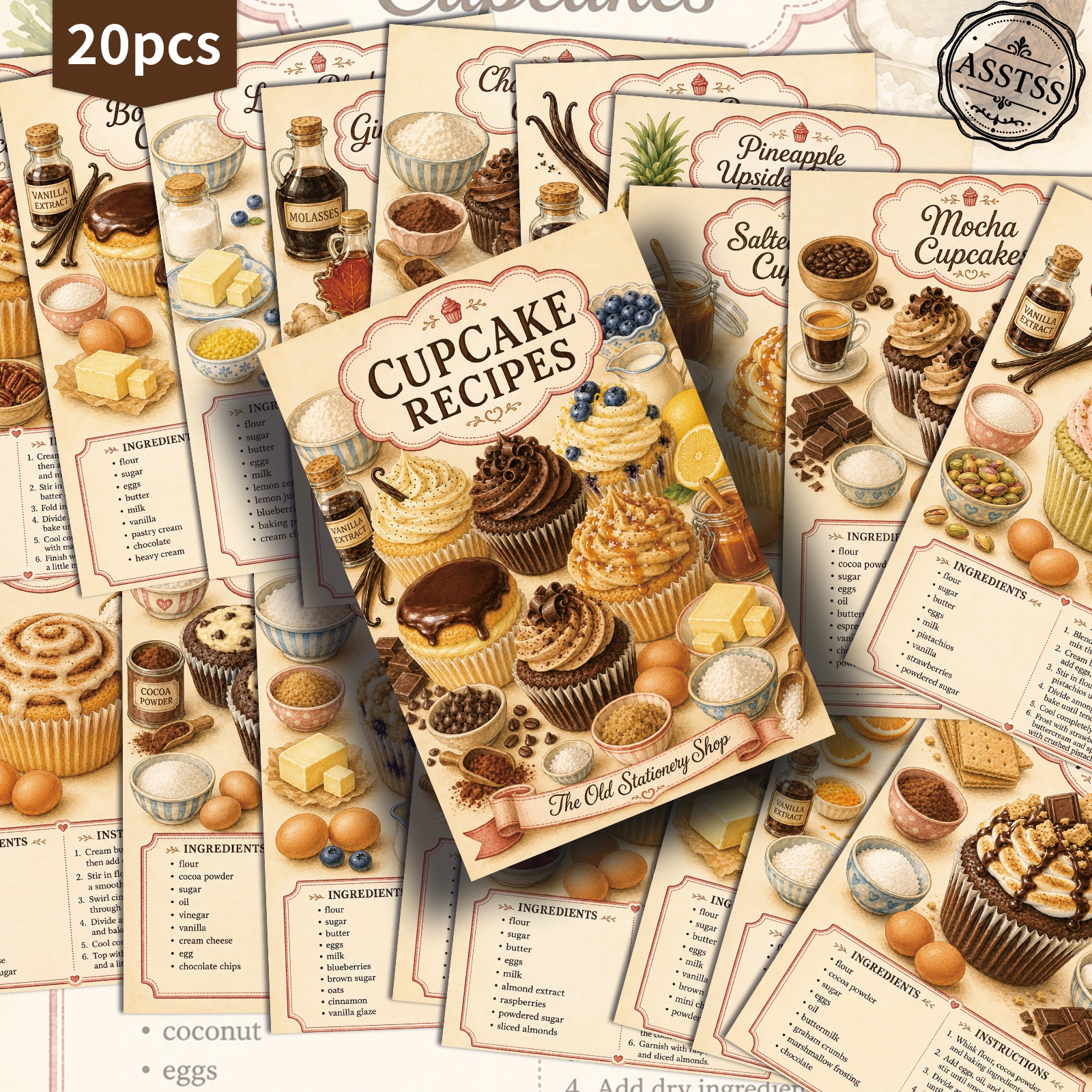 TEMU Lot de 20 cartes postales ASSTSS Vintage avec recettes de cupcakes - 4X6 pouces, fournitures de journal rétro, illustrations classiques, cartes