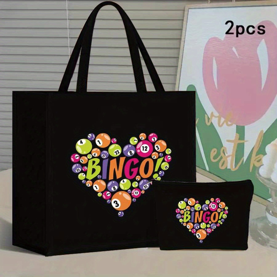 TEMU 2pcs Bingo Print Tote Bag Set - Lightweight Burlap With Adorable Coin Purse - Shopping, Travel & Beach - Durable & Versatile