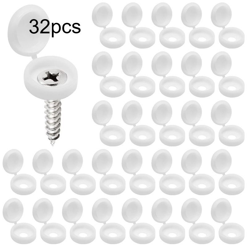 TEMU Lot de 32 pièces (32pcs) de bouchons à vis à rabat en plastique blanc avec rondelles, adaptés à la des vis, à la décoration de meubles, bouchons