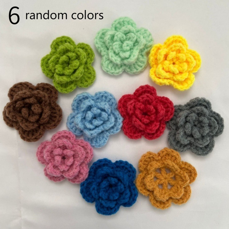 TEMU Pack Of 6 Random Colors (no Duplicates) Hand-crocheted Flowers, Made Of Yarn, Three-dimensional And Full, Hand-knitted And Not Prone To Pilling.