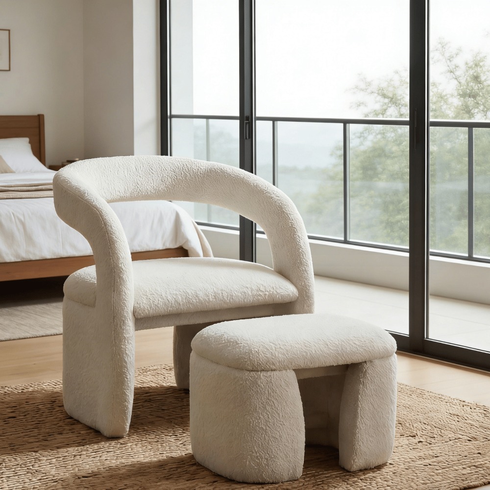 1pc Modern Accent Living Room Chair Set with One Ottoman, Upholstered Barrel Sherpa Lounge Side Chair, Comfy Side Reading Reclining Chair for Living Room, Bedroom, Apartment, Reading Room, Office