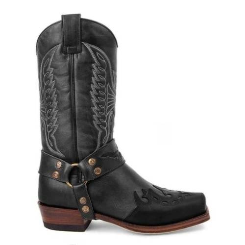 mens brown embroidered harness western cowboy boots square toe stacked heel pull on tall boots for country concert rodeo motorcycle riding