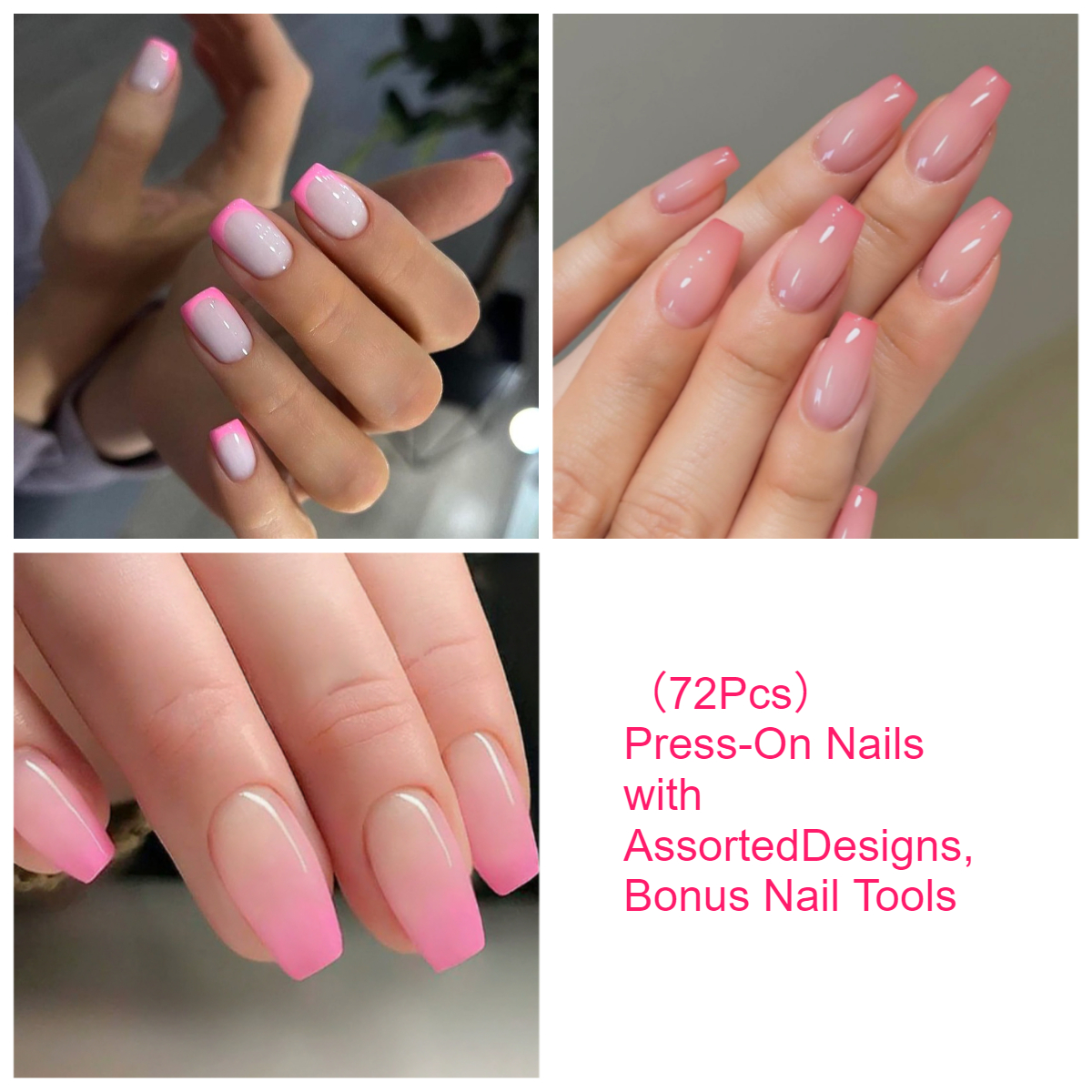 Image of 72pcs -on Nails Suitable For , Medium-long Coffin False Nails With Nude Pink Sheer Base & French Tips, Reusable Glitter Ombre Nail Tips For Daily Wear, Parties, Weddings, - Application