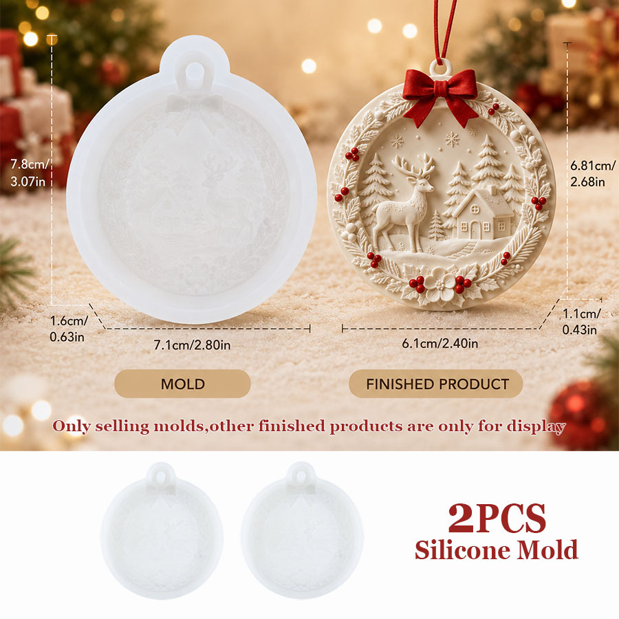 TEMU 2pcs 2pcs Round Christmas Reindeer Cottage Silicone Mold Suitable For Diy Resin, Plaster, Cement Crafts - Reusable Demoldable Mold With Embossed
