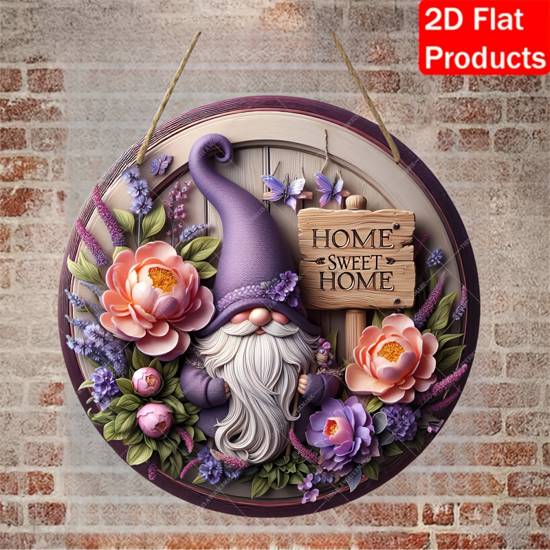 TEMU 2d Flat - 2d Graphic, Vintage Lavender Gnome Sweet Home Logo, Artificial Wood Round Door Wreath, New Year Holiday Hanging Decoration, Cottage
