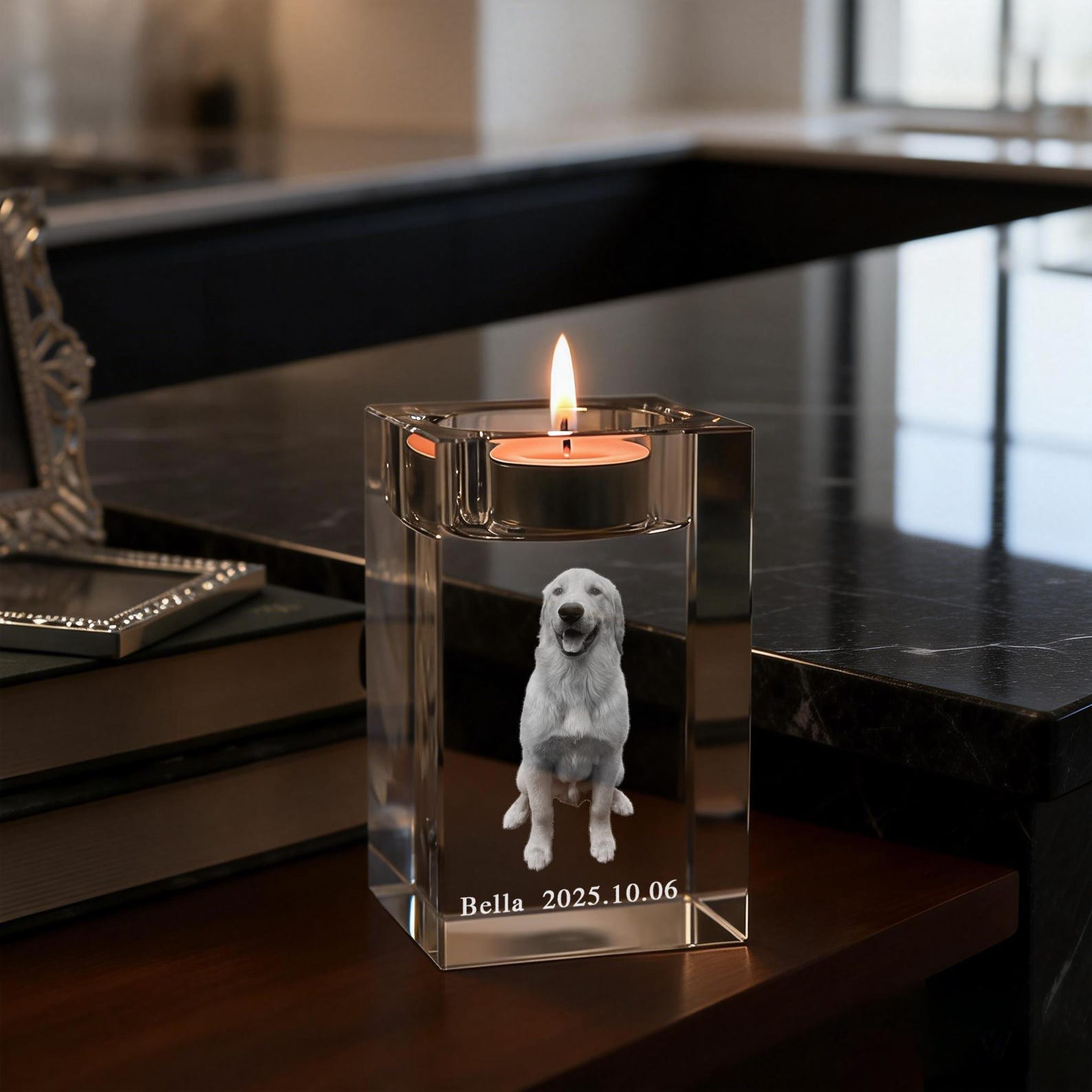 Pet Memorial Custom 3D Crystal Photo Candle Holder: Engraved Tealight Gift, Photo Crystal Candle Holder, Laser Engraved Pet Memorial Gift, Eternal Keepsake, Anniversary Gift